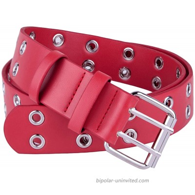 Sportmusies Double Grommets PU Leather Belts for Women Men Fashion Solid Color Jeans Waist BeltRed at  Women’s Clothing store