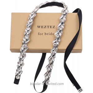 WEZTEZ Crystal Bridal Sash Thin Wedding Belt with Pearls Rhinestones for Bridal Bridesmaid Gowns Silver + Black Ribbon at  Women’s Clothing store