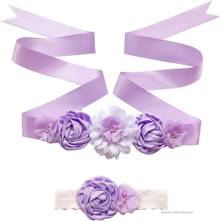 Women Girls’ Bridal Sash Belt With Rhinestone And Flower Baby Girl Belt Lace Headband Set Violet at Women’s Clothing store