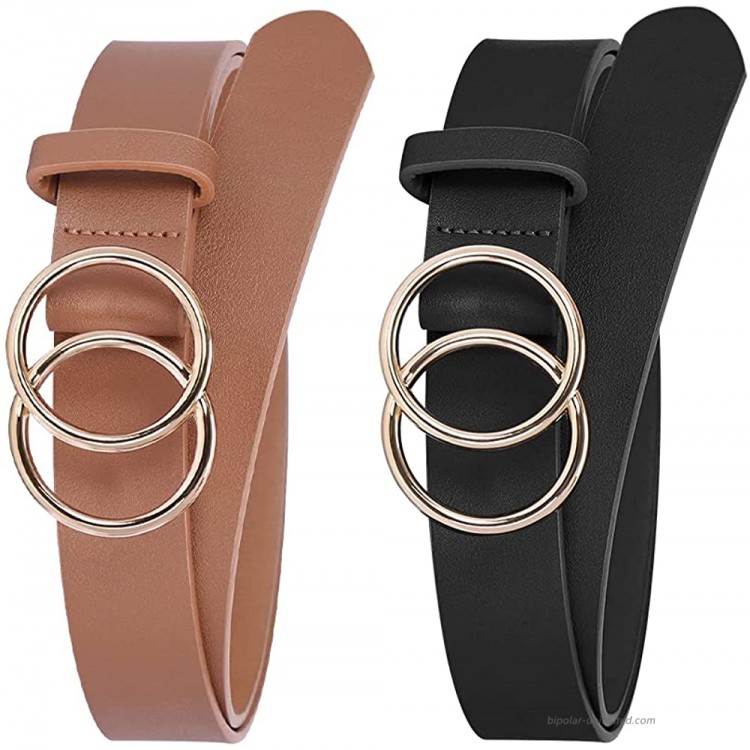 Womens Belts for Jeans Fashion Black Brown Waist Belt Cute Leather Dress Belt for Women Teen Girls with Double O-Ring Buckle