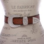 Women's Solid Real Leather Belt with Western Rhinestone Buckle 3-piece set at Women’s Clothing store