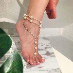 Aimimier Bohemian Pearl Anklet with Toe Ring Beach Wedding Beaded Barefoot Sandals Boho Ankle Bracelet for Women and Girls