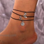 Anglacesmade Bohemian Leather Anklet Sun Star Moon Foot Chain 3 Pcs Beach Wedding Jewelry Boho Ankle Bracelet for Women and Girls