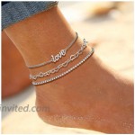 Anklets Toe Ring For Women Charm Rhinestone Letter Heart Ankle Chains Bracelets Adjustable Beach Anklet Foot Jewelry Set For Grils silver
