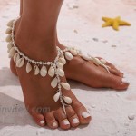 Aularso Boho Anklets White Rope Vintage Shell Barefoot Sandals Ring Foot Chain Beach Wear Foot Jewelry for Women and Girls2pcs