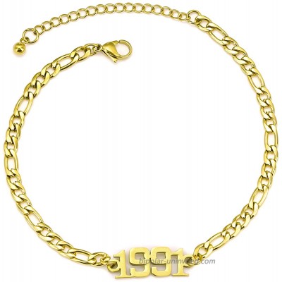 Birth Year Number Anklets Bracelet 18K Gold Plated Adjustable Dainty Beach Foot Jewelry Anniversary Birthday Gift for Women Girls Gold-1991