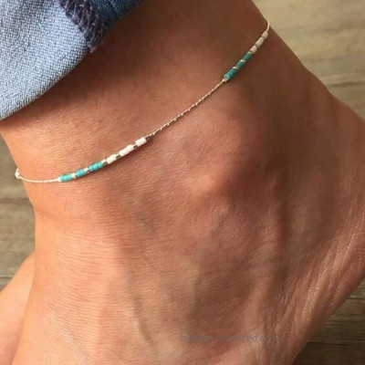 Boho Blue Anklet Bracelets Silver Turquoise Beaded Anklets Beach Foot Jewelry Adjustable for Women Girls
