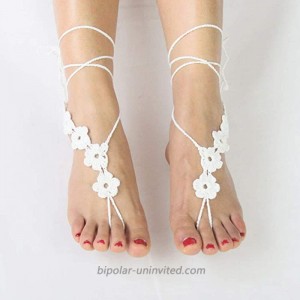 Brinote Layered Wedding Lace Anklet Flower Shoes Crochet Beach Barefoot Sandals Ankle Foot Chain Anklets Ring Feet for Women and Girls 2PCS White