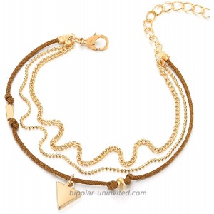 COOLSTEELANDBEYOND Gold Color Bead Chain Curb Chain Brown Cotton Rope Anklet Bracelet with Charm of Triangle and Beads