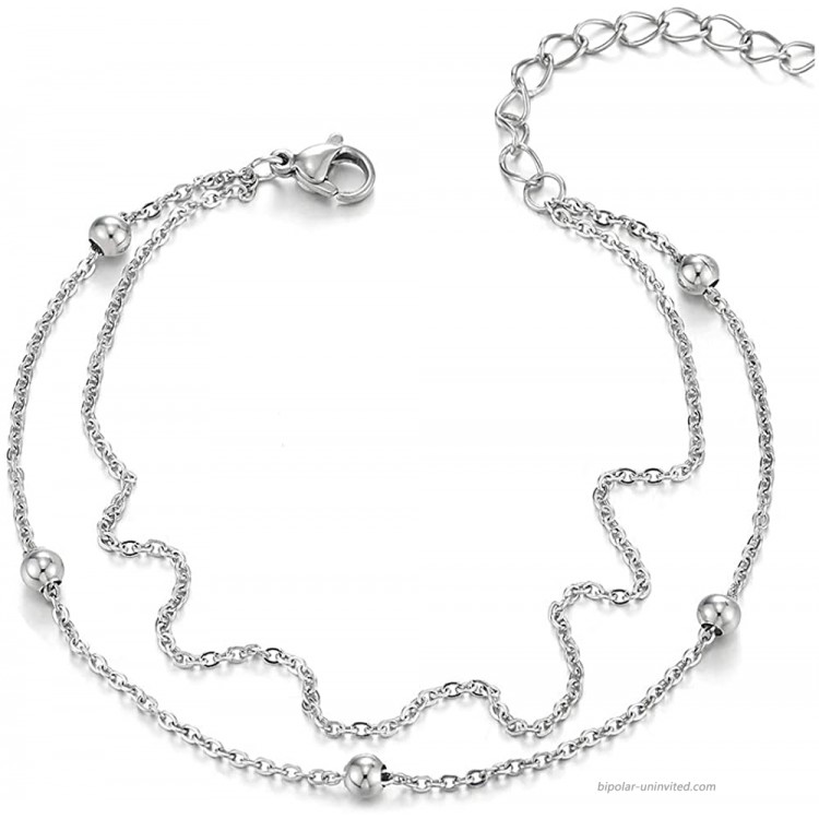 COOLSTEELANDBEYOND Stainless Steel Two-Row Link Chain Anklet Bracelet with Charms of Balls Adjustable