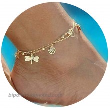 CrazyPiercing Cute Double Layered Anklets Women Gold Color Plated Woman Charm Dragonfly Dainty Ankle Bracelet Heart Infinite Leaf Sequin Beads Beach Foot Jewelry