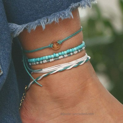Dresbe Boho Braided Anklets Blue Beaded Ankle Bracelet Layered Turquoise Ankle Chain Beach Foot Jewelry Accessories for Women and Girls