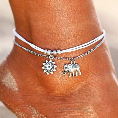 Evild Boho Layered Ankle Bracelet Silver Elephant Summer Anklets with Beaded Flower Rope Foot Jewelry Beach Foot Accessories for Women and Girls