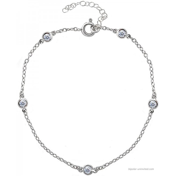 GemStar USA Sterling Silver Cubic Zirconia Station Dainty Chain Anklet