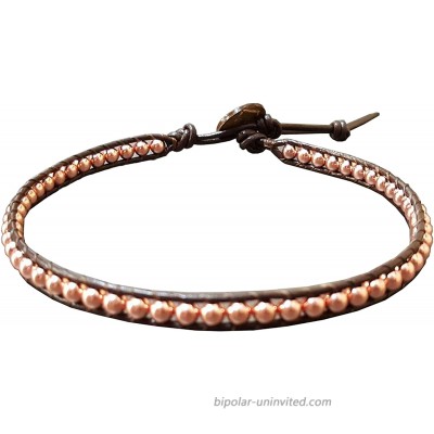 Infinityee888 Anklet Pink Rose Gold Bead Ankle Bracelet 10 Inches Woven with Leather Cord Beautiful Fashion Handmade Hippie Bohemian Style