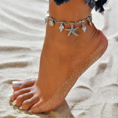 Jeweky Boho Starfish Anklets Silver Shell Ankle Bracelets Chain Beach Conch Foot Jewelry for Women and Girls