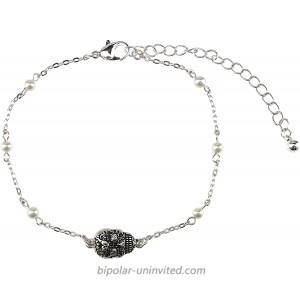 Jucicle Antique Silver Sugar Skull Charm Pearl Link Bracelet Anklet