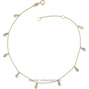 Kooljewelry 10k Two-Tone Gold Dangling Diamond-Cut Disc Charm Anklet adjusts to 9 or 10 inch