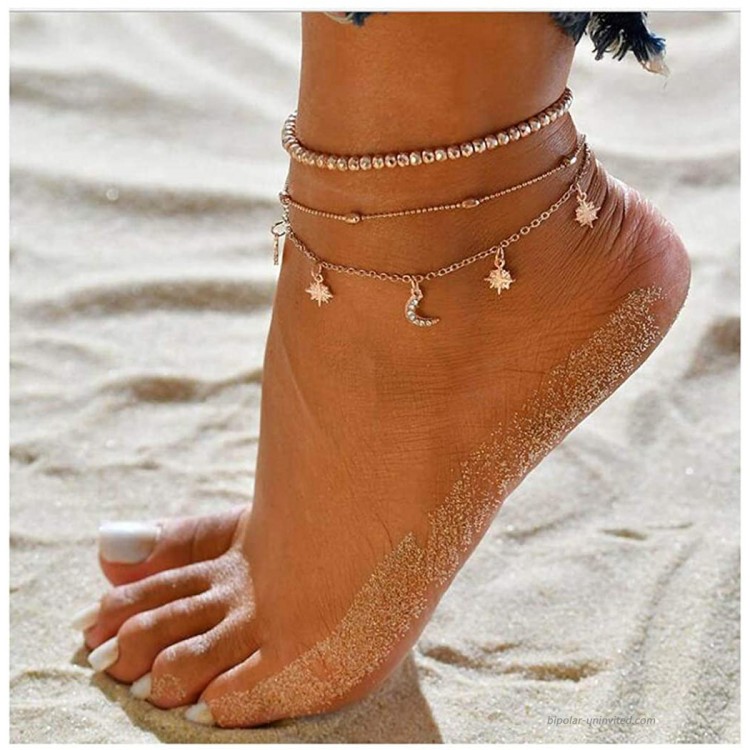Lovogue Moon Star Crystal Anklet Bracelet Multilayer Beach Crescent Foot Chain Barefoot Sandal Jewelry for Women Girls