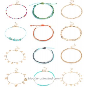 LOYALLOOK 12PCS Anklets Bracelet for Women Wave Strand Bracelet Braided String Curb Butterfly Figaro Turquoise Anklet Boho Beach Adjustable Chain Anklet