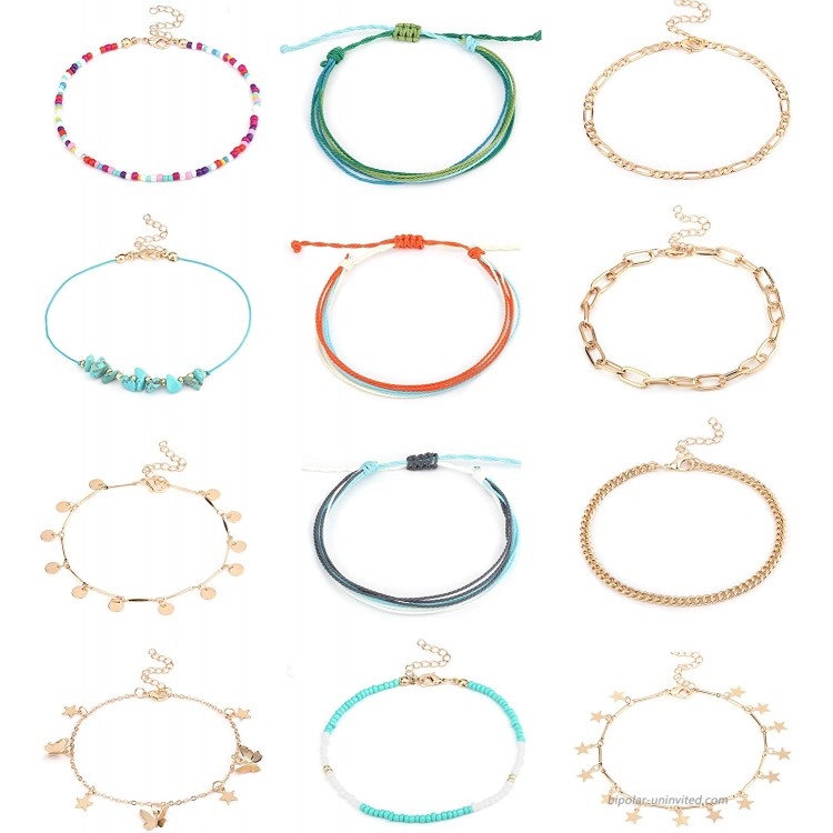 LOYALLOOK 12PCS Anklets Bracelet for Women Wave Strand Bracelet Braided String Curb Butterfly Figaro Turquoise Anklet Boho Beach Adjustable Chain Anklet