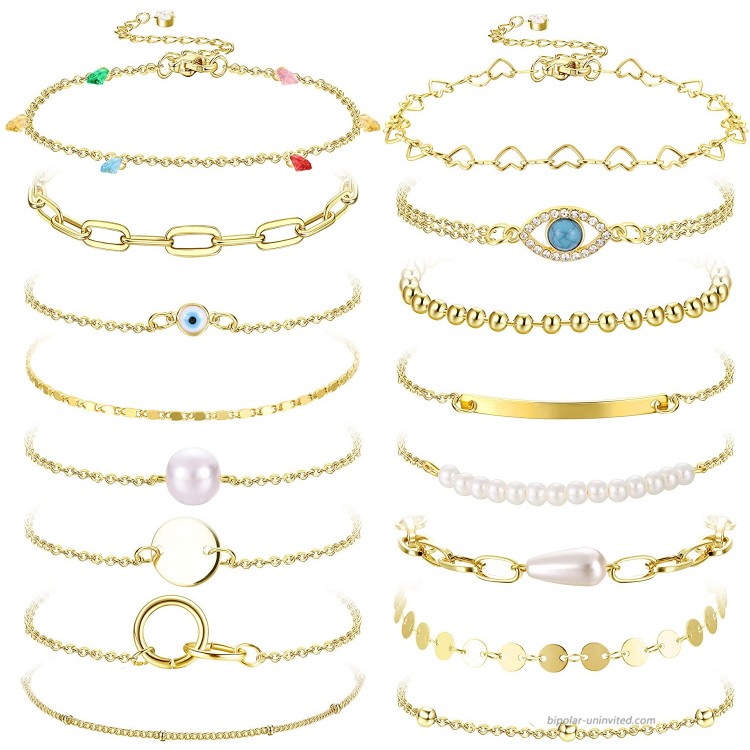 Magitaco 16Pcs Bracelets for Women Gold Chain Evil Eye Bracelets Charm Beaded Pearl Layered Bracelet for Women Jewelry Gold Tone