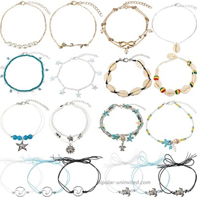 meekoo 18 Pieces Ankle Bracelets Ankle Chain Turtle Wave Anklet Bohemian Barefoot Beach Anklet Jewelry for Women Favors