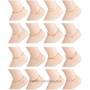 Ofeiyaa 16PCS Ankle Bracelets Beach Layered Anklets Boho Ankle Chains Foot Bracelets Set for Women Adjustable Gold Silve Tone