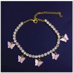 Rhinestone Tennis Chain Butterfly Anklet Bracelet Crystal Butterfly Ankletst Boho Foot Chain Bracelet Crystal Armlet Rhinestone Leg Bracelet Jewelry Gold+Pink pendant