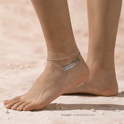 Sakytal Boho Anklets Vintage Turquoise Ankle Bracelets Feather Beach Foot Jewelry Adjustable for Women and Girls Silver