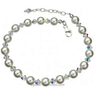 Sterling Silver Ankle Bracelet Simulated Pearls Made with Swarovski Crystals 9+1 Extender