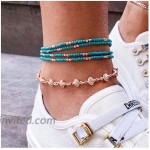 Yalice Boho Turquoise Anklets Gold Shell Ankle Bracelet Beaded Layered Foot Chain for Women and Girls