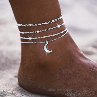 YBSHIN Boho Moon Anklet Silver Layered Ankle Bracelet Chain Pendant Foot Jewelry for Women and Girls 4Pcs