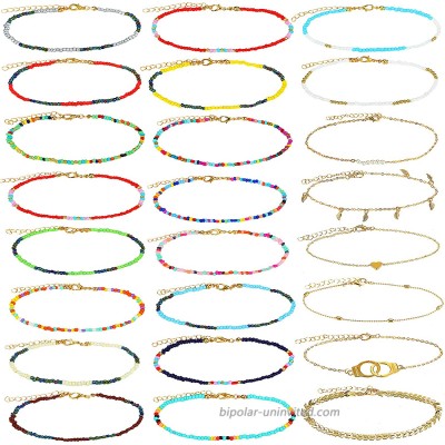 Yinkin 24 Pieces Colorful Boho Beaded Ankles Golden Alloy Chain Bracelets Adjustable Chain Anklet Bracelets Foot Chain