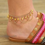 Yokawe Boho Bells Ankle Bracelets Gold Tassel Anklet Layered Barefoot Sandals Foot Jewelry for Women and Teen Girls