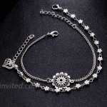 Zehory Boho Layered Anklets Silver Flower Ankle Bracelets Vintage Beach Foot Jewelry Adjustable for Women and Girls