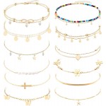 ZWGYS 12Pcs Gold Anklet Set For Women Girls Beads Layered Beach Adjustable Heart Pearl Butterfly Star Anklet Ankle Bracelets Set Foot Jewelry