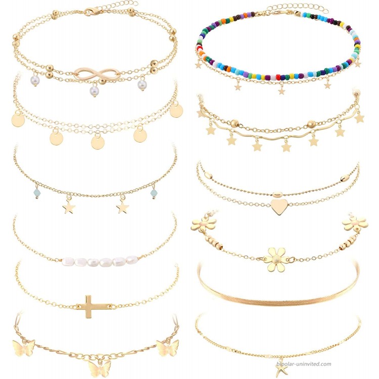 ZWGYS 12Pcs Gold Anklet Set For Women Girls Beads Layered Beach Adjustable Heart Pearl Butterfly Star Anklet Ankle Bracelets Set Foot Jewelry