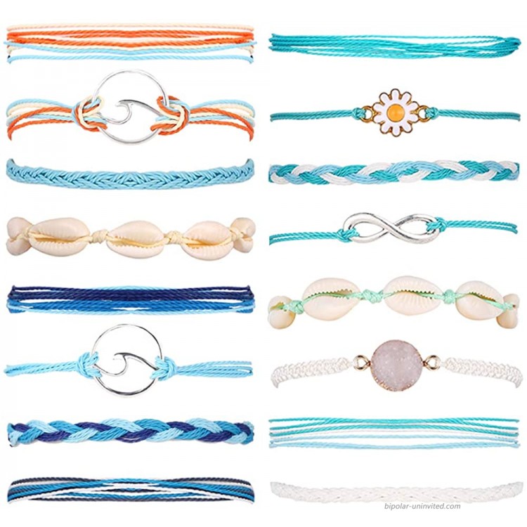 16 Pieces Wave Rope Bracelet Set Handmade Waterproof Wax Coated Adjustable Woven Shell Strand Bracelet for Women