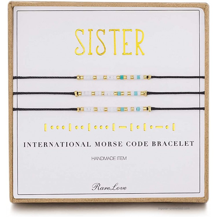 3 Pieces Sisters Morse Code Bracelet Friendship Birthday Best Friends Gift For 3 Women Girls Blue White Tiny Pony Seed Beads Black String Bracelets