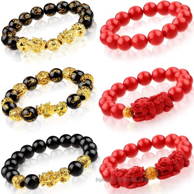 6 Pieces Feng Shui Amulet Bracelet Obsidian Wealth Bracelet 12 mm Cinnabar Bead Bracelet with Pi Xiu Pi Yao for Good Luck and Wealth