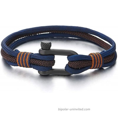 COOLSTEELANDBEYOND Men Women Steel Screw Anchor Shackle Nautical Sailor Navy Blue Brown Rope Wristband Wrap Bracelet