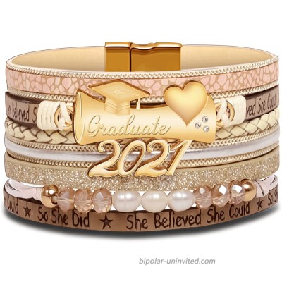 Graduation Gift for Her 2021 Graduation Bracelet with Gift Box Leather Wrap Boho Cuff Bracelets with Magnetic Clasp She Believed She Could So She Did Class of 2021 Grad Present
