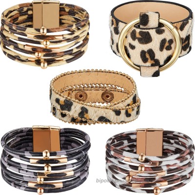 Hicarer 5 Pieces Leopard Tube Bracelet Multilayer Leather Cuff Bracelet Boho Leopard Wrap Bracelet
