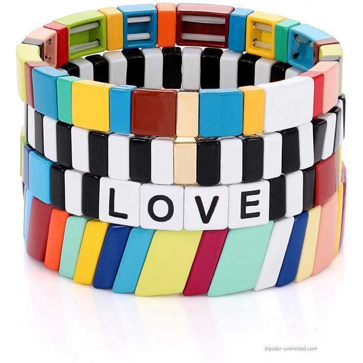 HZEYN Enamel Tile Bracelet Stackable Rainbow Tile Bead Love Stretchy Bracelet Colorblock Enamel Brite Bracelet for Women Set of 4 Strands