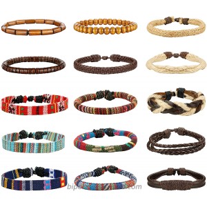 LOYALLOOK 15pcs Men Women Linen Hemp Cords Wood Beads Ethnic Tribal Bracelets Leather Wristbands 15PCS