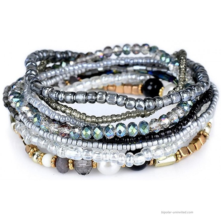 MengPa Stackable Beaded Bracelets for Women Stretch Girls Bohemian layering Strand Statement Jewelry Grey G3207C