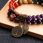 Natural Semi Precious Gemstone Beads Bracelet for Women - Tree of Life and Leaf Charm Chakra Energy Healing Anxiety Stretch Bracelets（7 Chakras Beads