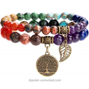 Natural Semi Precious Gemstone Beads Bracelet for Women - Tree of Life and Leaf Charm Chakra Energy Healing Anxiety Stretch Bracelets（7 Chakras Beads