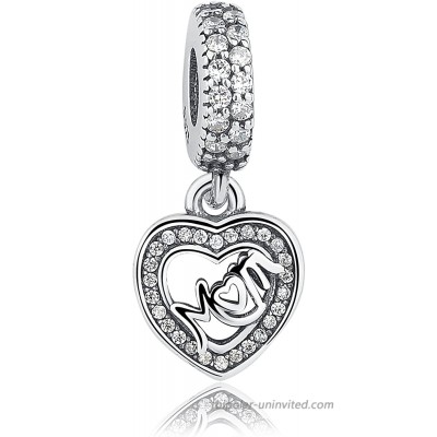 NINGAN Center of My Heart Mom Dangle Charms 925 Sterling Silver Bead Charms Fits European Women's Bracelets & Necklaces